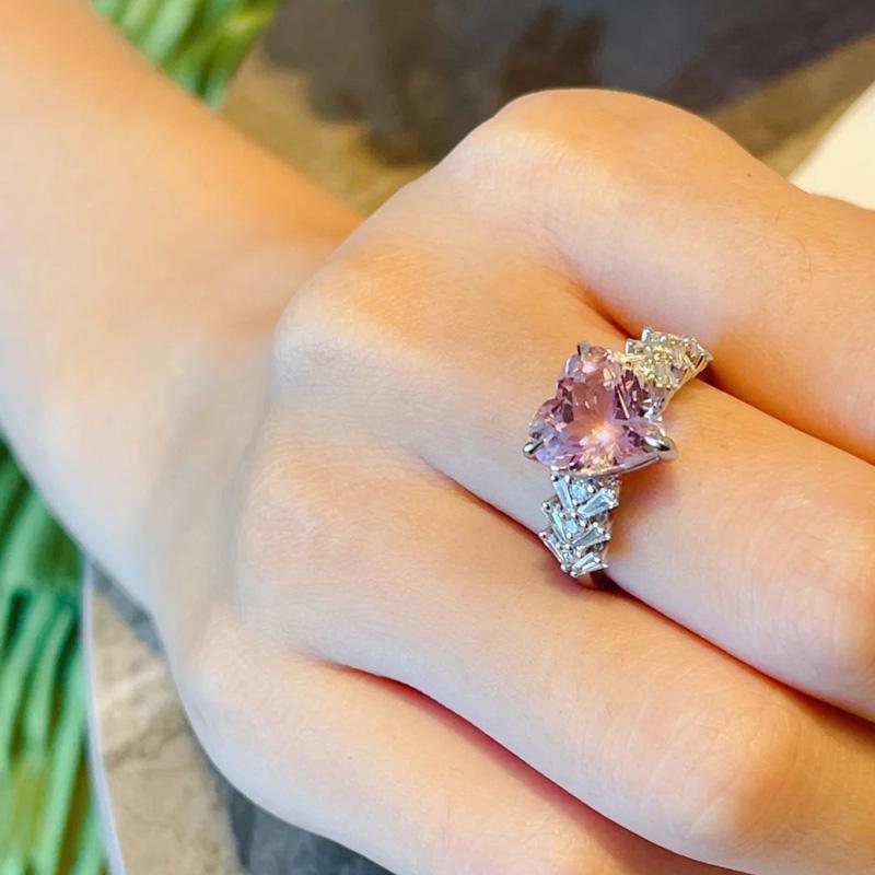 Pink Love Heart Women Ring with Bright AAA Zircon Stone Wedding Engagement Ring  Silver  Open Women Ring