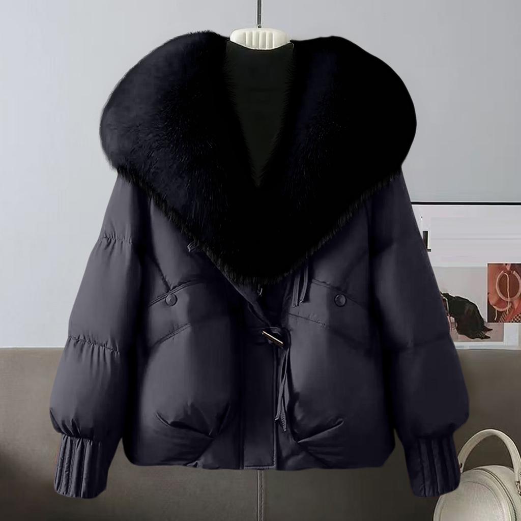 Women's Solid Color Fashionable Thick Warm Temperament Cotton Jacket With Large  Collar Cotton Coat Jacket