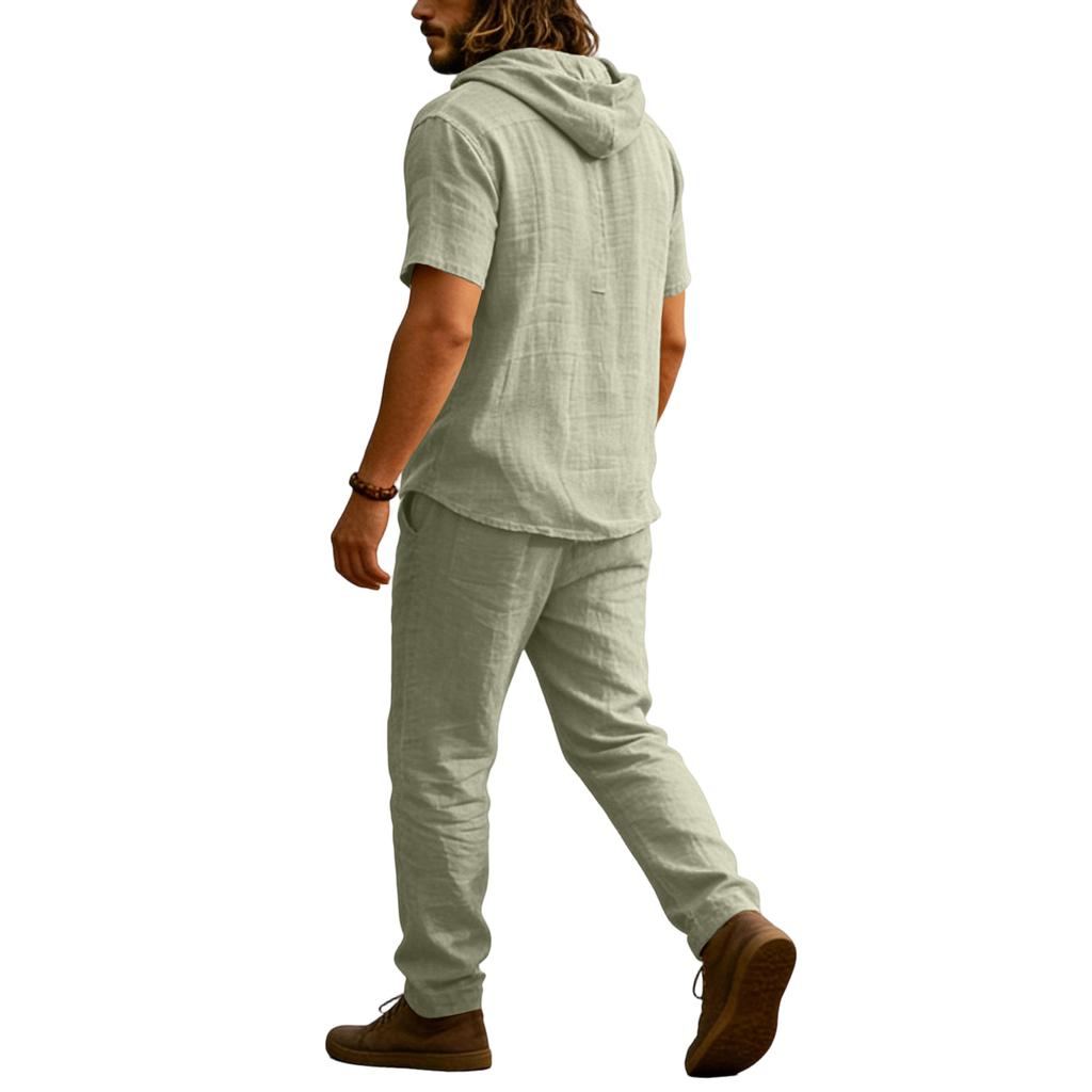 Men's Linen Casual Set , Button  Shirt Elastic Waist Drawstring Loose,Fit Pants Comfortable Two,Piece Set