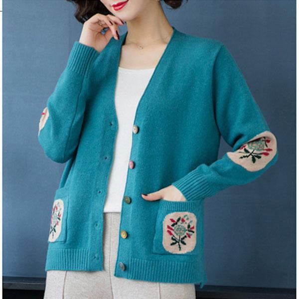 Spring Autumn Women's Knitted Cardigan Sweater Short Loose Thin V-Neck Knit Sweater Long Sleeve Printed Knitted Jacket Outwear
