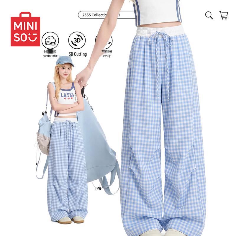 MINISO Women s 2026 Summer Lightweight Plaid Wide-Leg Pants L
