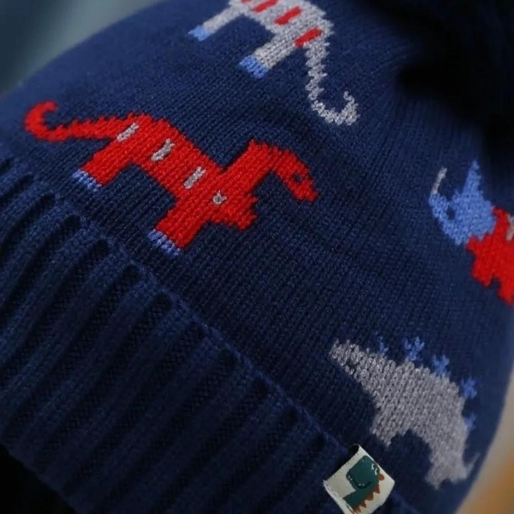 2Pcs Set New Thickened Beanie Cap Warm Ear Protection Knitted Hat Cartoon Dinosaur Scarf Set Winter