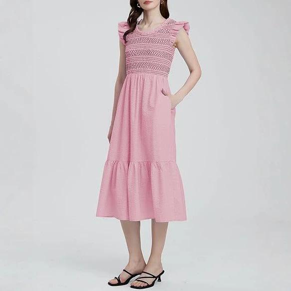 Pastoral 2026 summer embroidery pleated casual round neck high-end medium and long dress