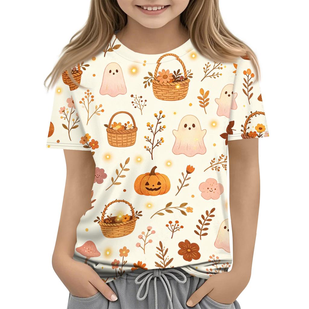 Kids Halloween Print Short Sleeve T Shirt Casual Crew Neck Top Boys Girls Comfortable Fit Soft Fabric Suitable for Everyday Wear