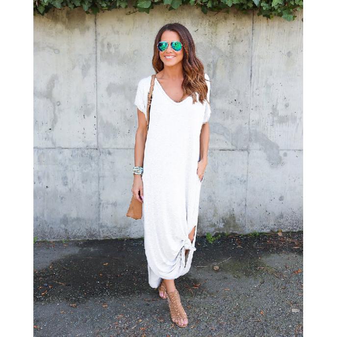 Summer New Women's Solid Color V-Neck Loose Casual Pocket Slit Dress