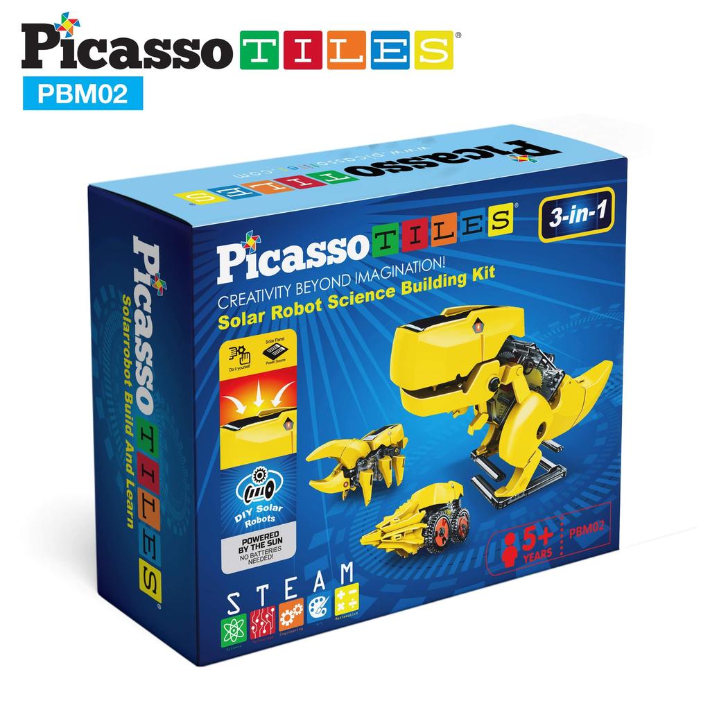 PicassoTiles STEM Kids Solar Power Dinosaur Robot Educational Learning Engineering Building Toy 3 In 1 Creative Unique Transformation Renewable Solar