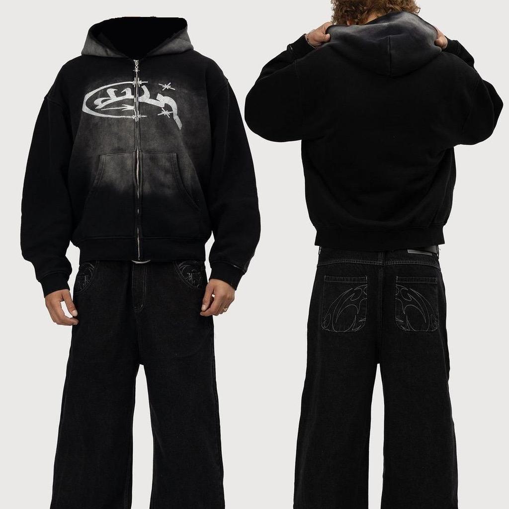 RogueWave Vintage Washed Zip Hoodie Y2K Jacket Rock Hip Hop Patchwork Oversized Hoodie Sweatshirt Long Sleeve Tops