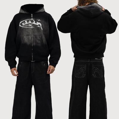RogueWave Vintage Tvättad Zip Hoodie Y2K Jacka Rock Hip Hop Patchwork Oversized Hoodie Sweatshirt Långärmad Toppar