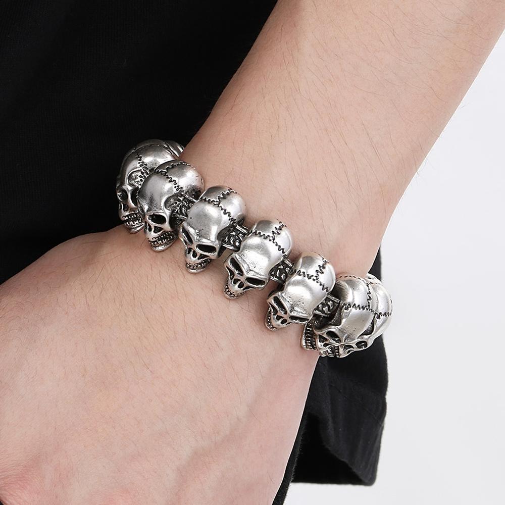 Cool Death's Head Bracelet for Men Vintage Black Old Silver Color Solid Stainless Steel Men's Bracelets Skull Chain Jewelry Male