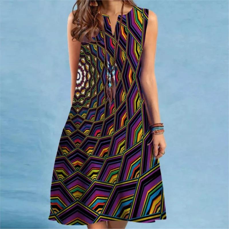 

Ladies Retro Printed Dress Summer Sexy Women s Printed V-neck Sleeveless Big Swing Dress Elegant Bohemian Chic Dresses 5XL