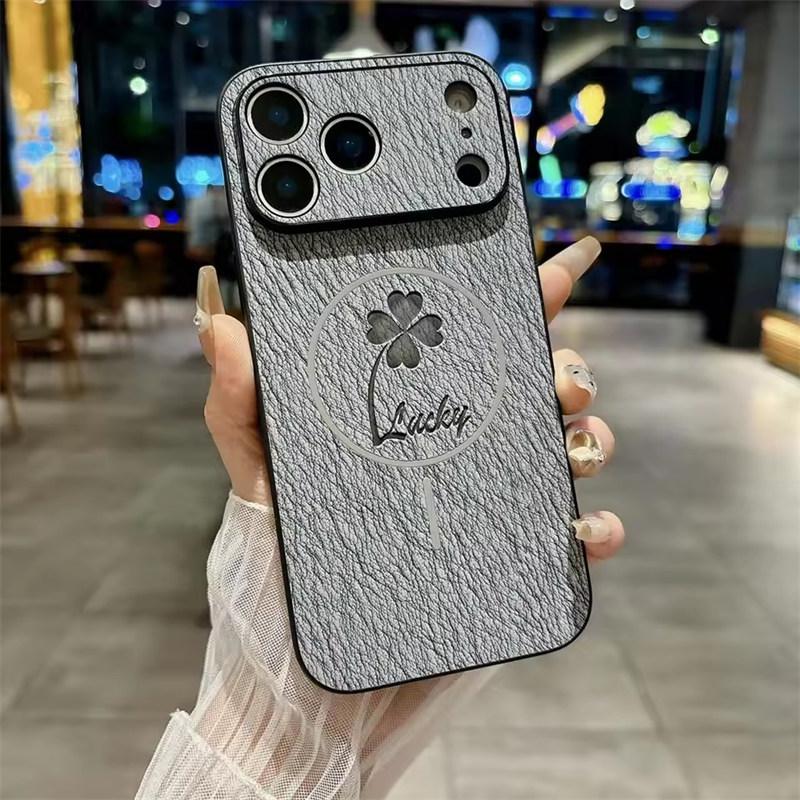

Магнитный чехол из зернистой кожи «Счастливый четырехлистный клевер» для iPhone 17air 16 15 14 13 12 Pro Max Plus 16e, противоударный, для зарядки Magesafe, матовая крышка iPhone 17 Pro Max серый