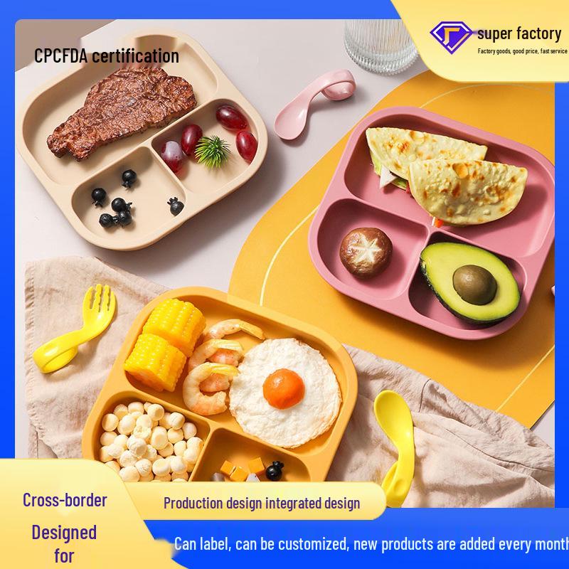 Punktuell lebensmittelechte Baby-Silikonplatte - Fallfest, Dreifach unterteilt mit Saugfuß.