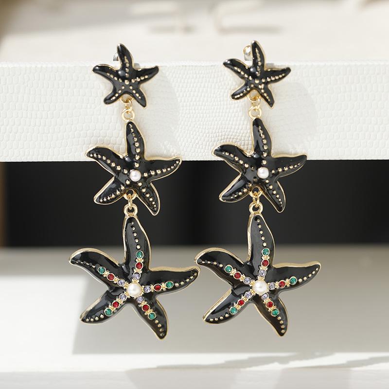 European and American Fashion Rhinestone Starfish Drop Earrings for Women's Daily Wear