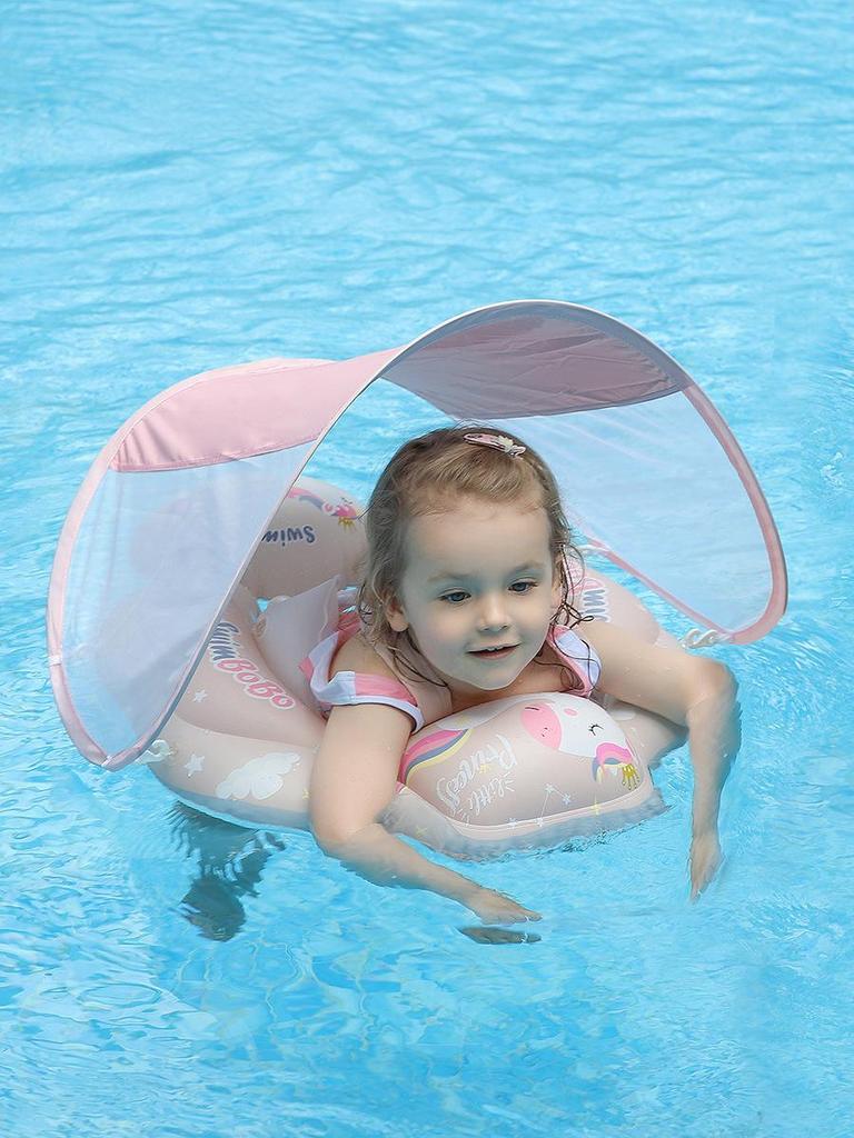 Thickened Double-Layer Baby Swim Ring with Sun Protection - Lie-On Design for Outdoor Use