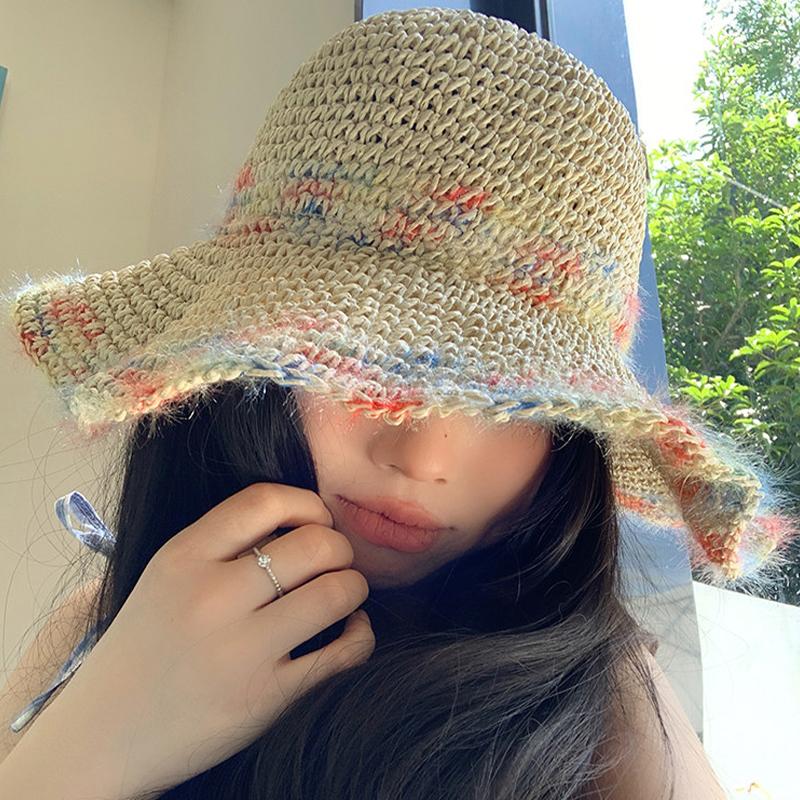 Summer Colorful Woven Straw Hat For Seaside Vacation Breathable Hollow Out Large Brim Uv Resistant Sun Hat