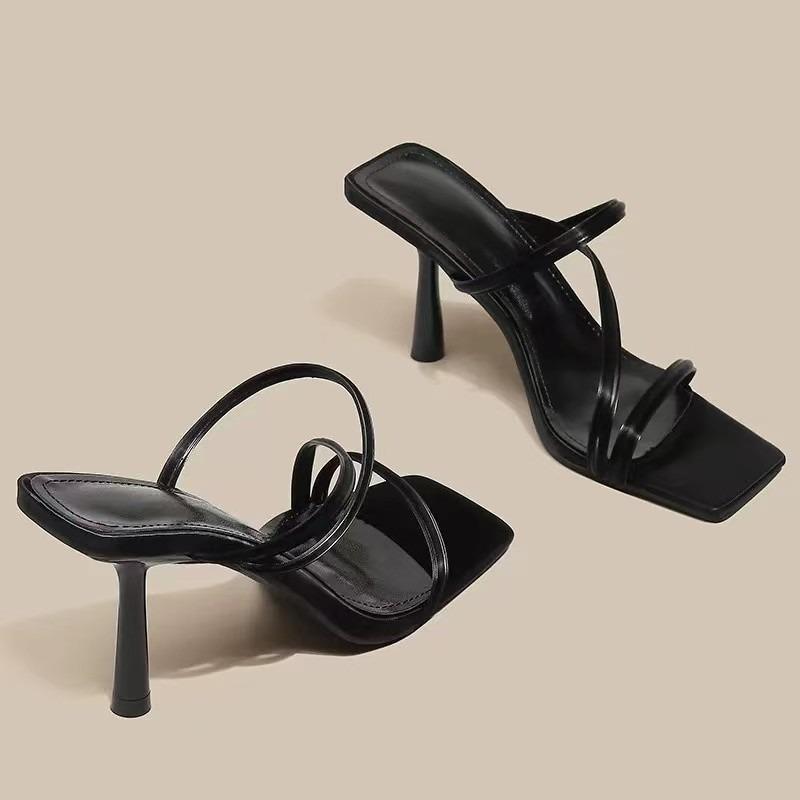 Fashion Temperament Square Head Slip-on Slippers Summer New Open-toed Thin Belt Anti-slip Wear-resistant High-heeled Shoes