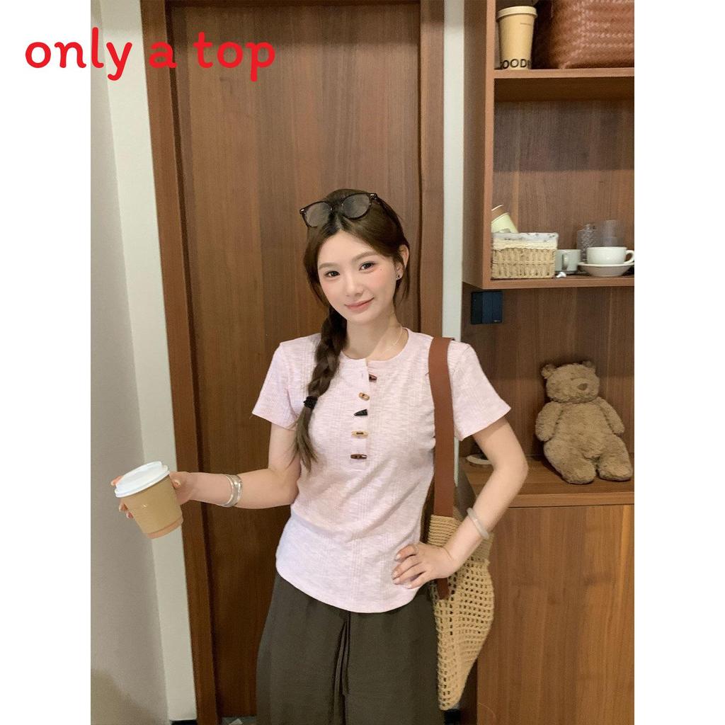 Polyester Short Sleeve T Shirt For Women With Solid Color And Button Design For Daily Wear