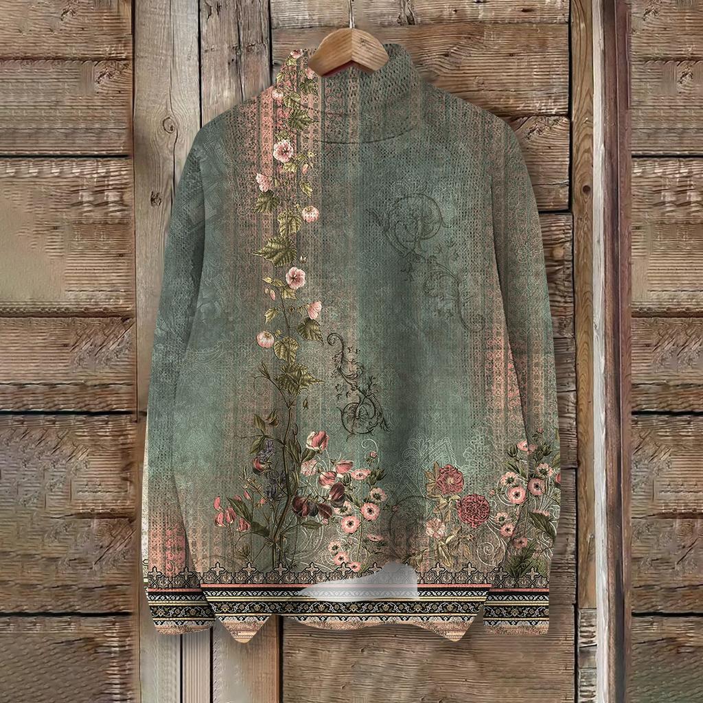 Women's Fashion Casual Long Sleeve Retro Printed Turtleneck Knit Top