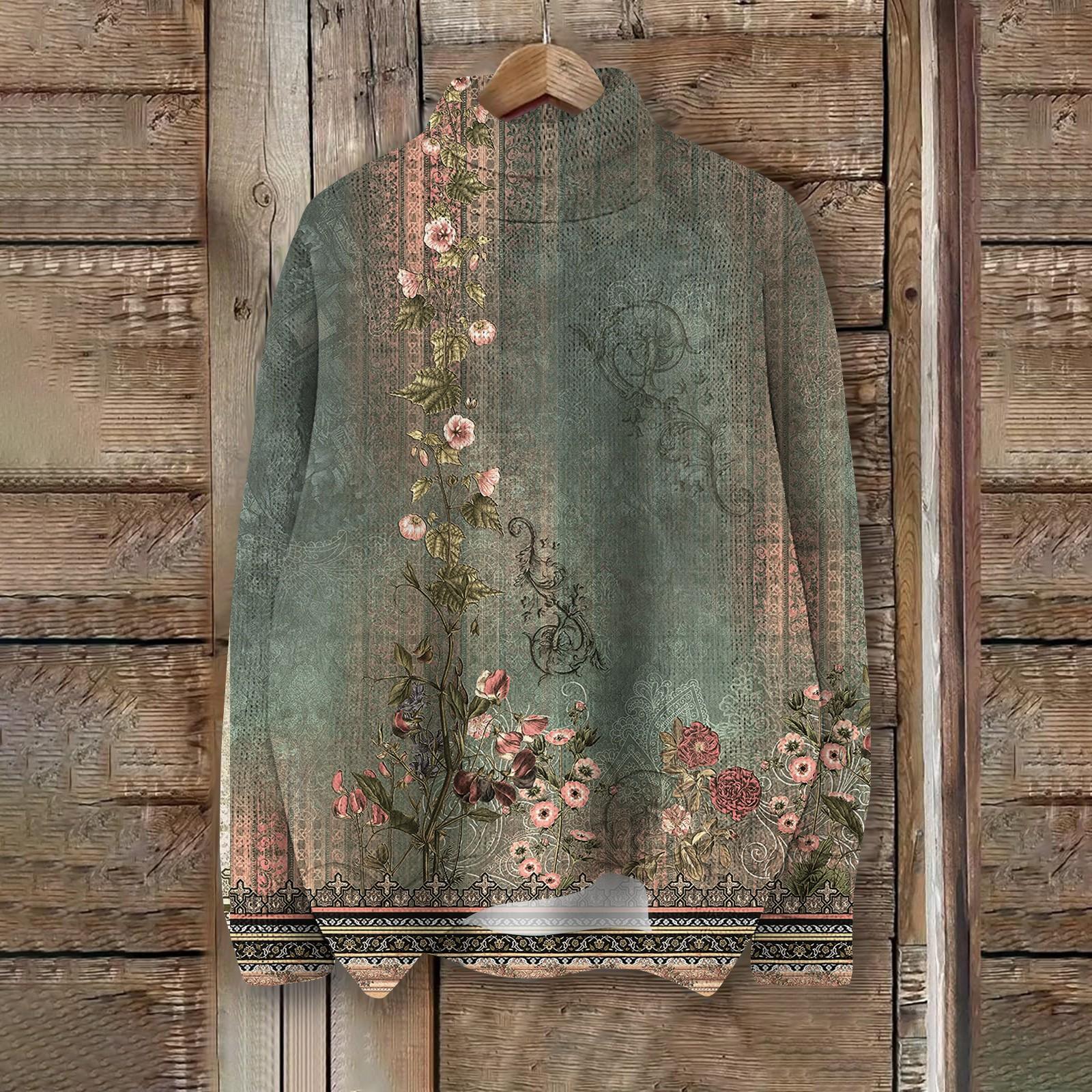 

Женский модный повседневный трикотажный топ с длинным рукавом, ретро-принтом и воротником-стойкой XL армия зеленый