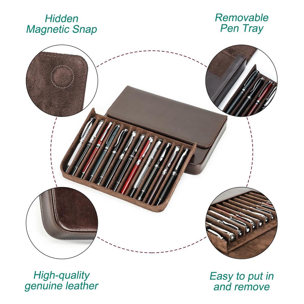 Husă pentru stilouri din piele naturală realizată manual, multicoloră, cu 12 sloturi, cutie pentru stilouri de lux