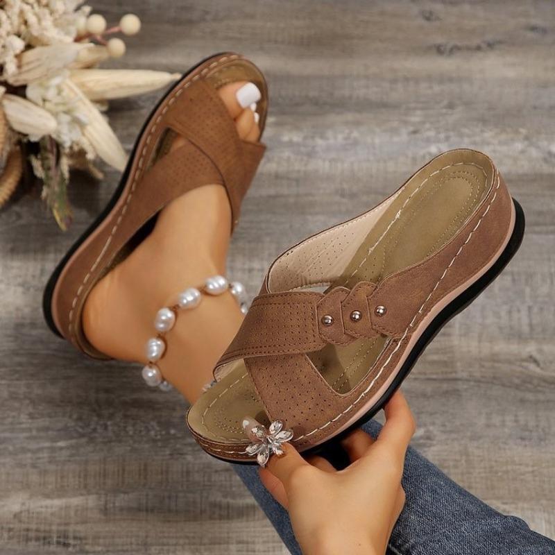 New Slope Heel Flat-bottomed Casual Slippers Women's Cross Strap Solid Color Versatile Shoes