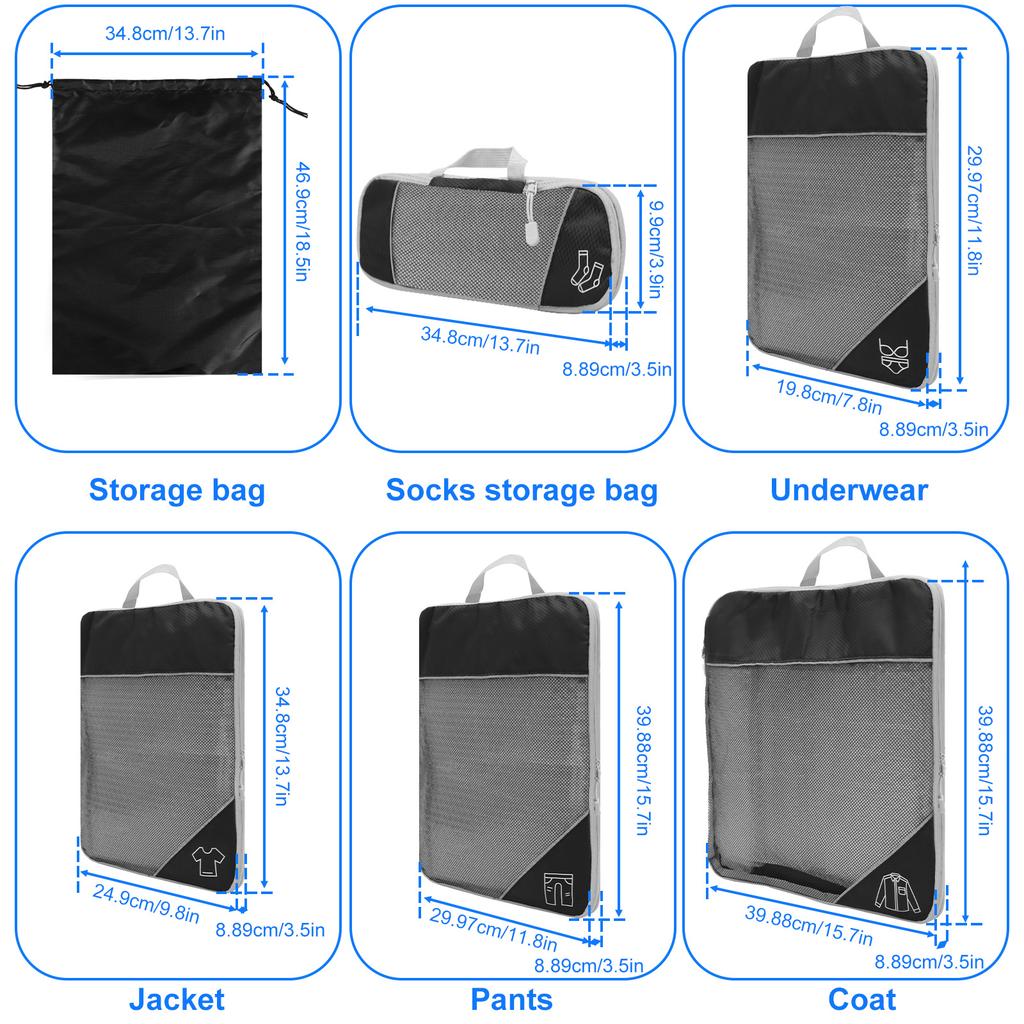 6PCS/Set Compressed Packing Cubes Travel Storage Organizer Set Nylon Luggage Suitcase Organizer Bags Space Saving Packing Cubes