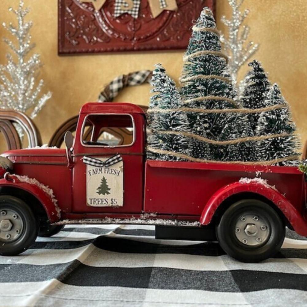 Christmas Retro Red Truck Ornaments Metal Car With Mini Green Tree And Box Xmas Table Decoration