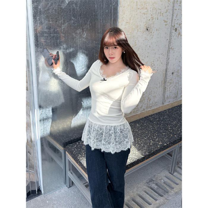 

White V-Neck Lace Trim Plus Velvet Slim Fit Layering T-Shirt for Autumn/Winter L білий