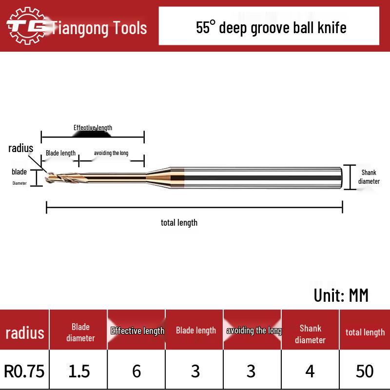 Tiangong Wolframová ocel R0.5 Kulová fréza 0.75 Legovaný krček, 2břitá, 55° Potažená, Prodloužená Hluboká drážka 1, 1.25
