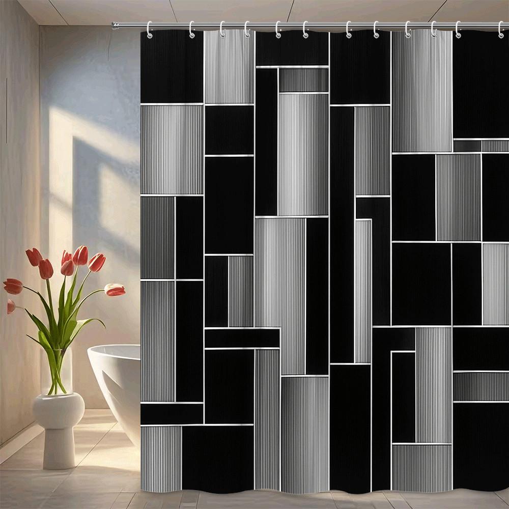 

Modern Black And White Geometric Shower Curtain Abstract Block Design Minimalist Architecture Style Waterproof Elevate Space W60H190(CM)-1 Pcs