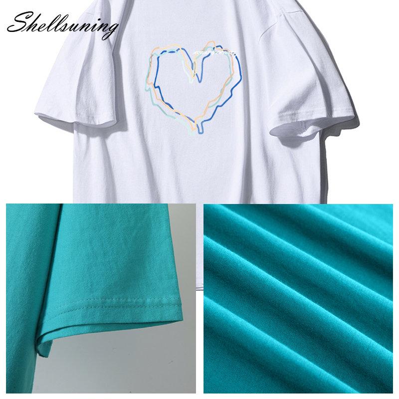 Shellsuning Loose O Neck Cotton Printed Shirts Women Summer Kawaii Heart Graphic Tees Female Casual Short Sleeve Base Black Tops