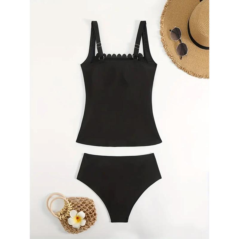 Modest Two-Piece Swimsuit for Women Tummy Control Slimming Swimsuit with Ruffled Neckline and Straps Summer Beach Swimwear