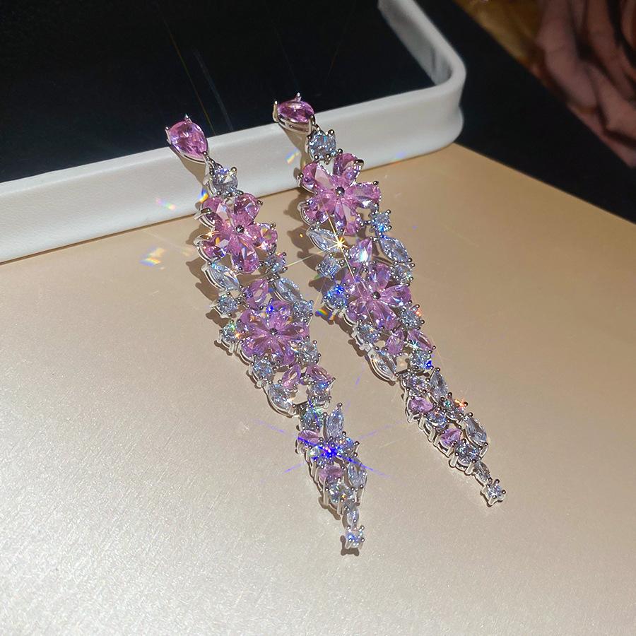 French Court Style Silver Needle Zircon Rectangular Earrings Exquisite Light Luxury High-end Stud Earrings Exaggerated Earrings Women