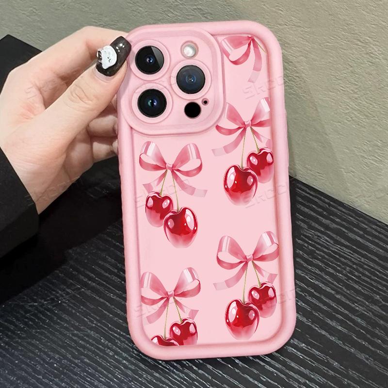 Simple Pink Cherry Bow Pattern Phone Case For iPhone 17 16 15 14 13 12 11 Pro Max 17 Air 16E X XR XS 7 8 Plus Shockproof Cover