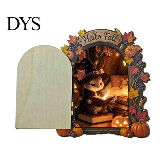 Fall Home Decor Accents Elf Wooden Door Halloween Decor, 2D Fairy Mouse Miniature Wall Rustic Autumn Shelf Hanging, Ornament for Home, Thanksgiving