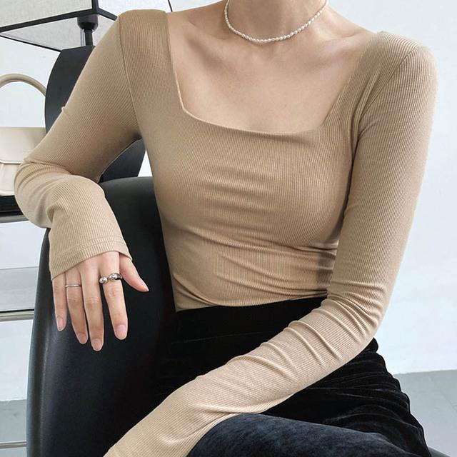 Long-sleeved Square-neck T-shirt Women's Slim-fit Exposed Collarbone Low-neck Short Top Bottoming Shirt
