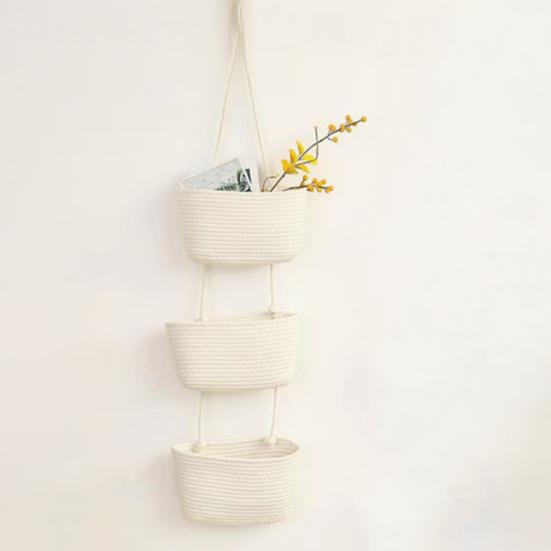 Rope Woven Storage Basket Boho Foldable Washable Hanging Baskets Multi-Tier Wall Mounted Organizer for Kitchen Produce Nursery Decor