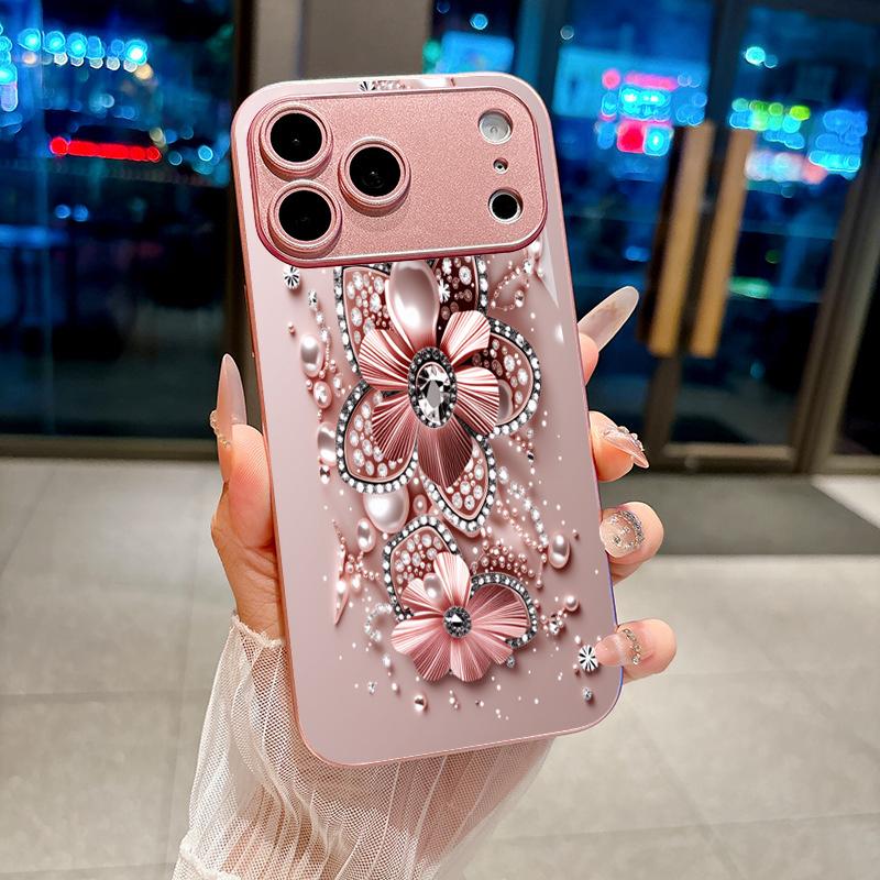 Rose Gold Jewel Bloom Pink Metallic Glass Phone Case For iPhone 11 12 13 14 15 16 17 Pro Max Plus 17Air 16E 7 8 XsMax Back Cover