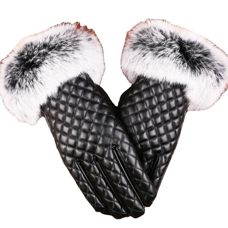 Warm gloves women pu leather gloves rabbit fur mouth touch screen cute driving cold velvet autumn and winter gloves