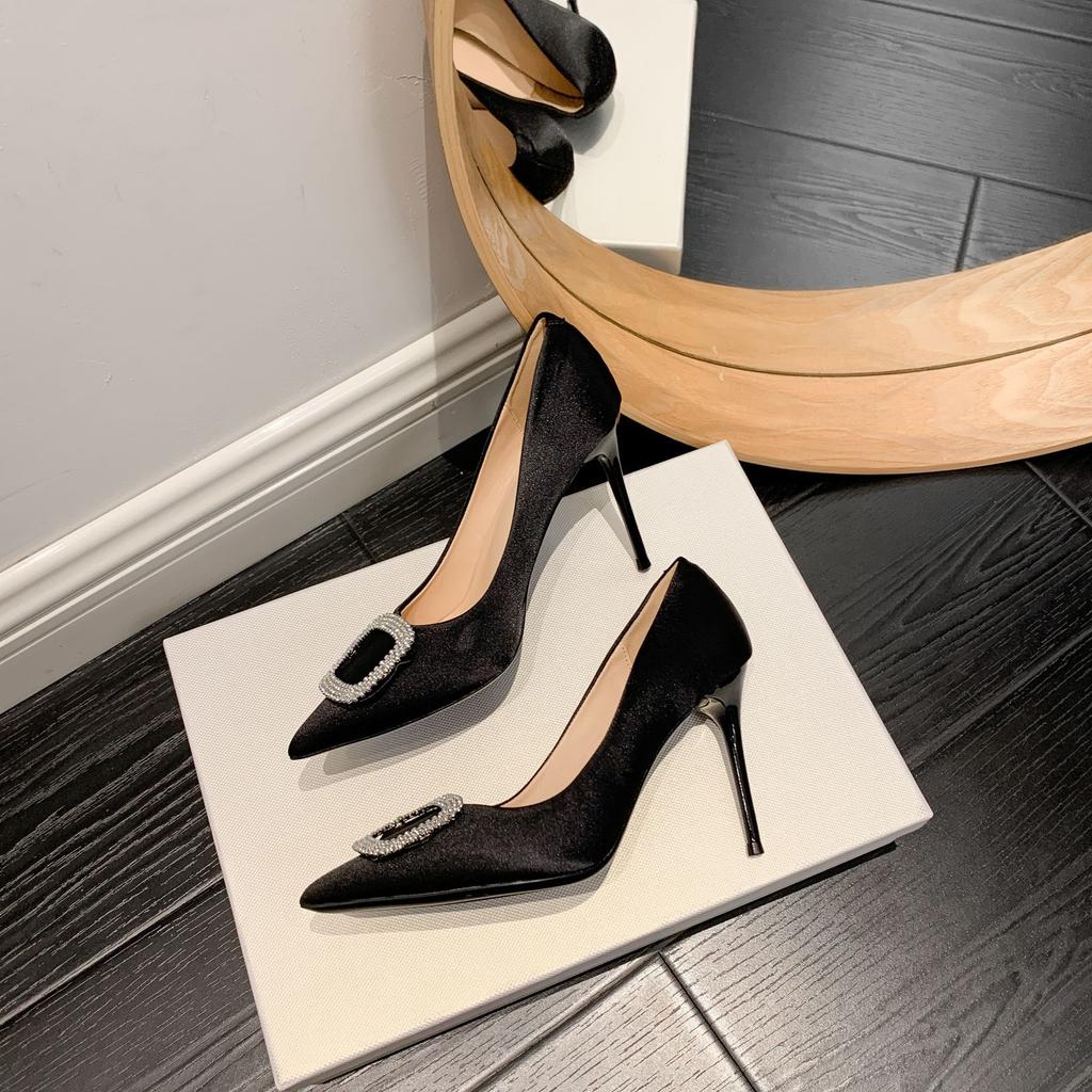 White High Heels Women's Autumn New Pointed Rhinestone Buckle Satin Stiletto Light Mouth Stiletto Single Shoes