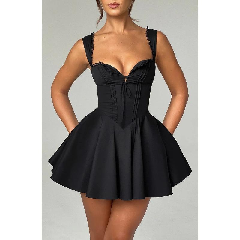 Summer Lovely Sweet A Line Short Dress Yellow Sexy Sleeveless Lace Up Pleated Party Dresses Hollow Out Slim Fit Elegant Holiday Dress Women