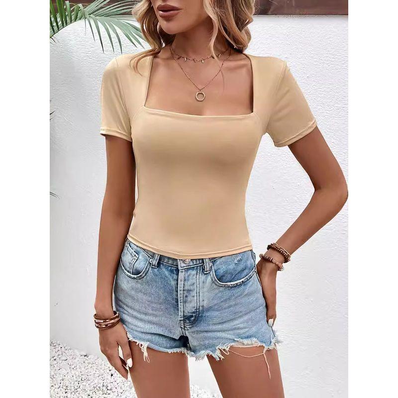 Solid Color Square Neck Short Sleeved Top Pure Color Square Collar Short Sleeve Tops Female