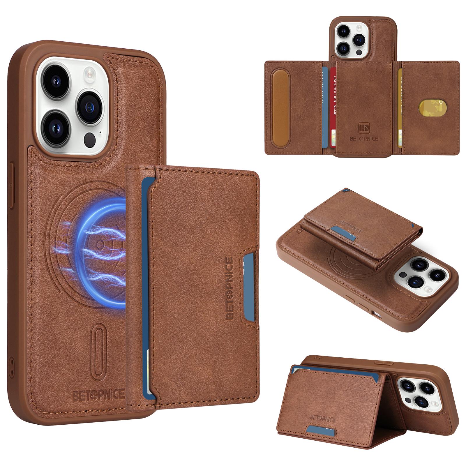 

For iPhone 14 Pro Magnetic Case BETOPNICE Leather Phone Cover Kickstand with Detachable Card Bag Brown