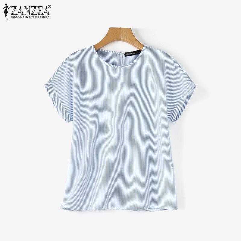 ZANZEA Женская повседневная свободная блузка в полоску с круглым вырезом и короткими — фото 5