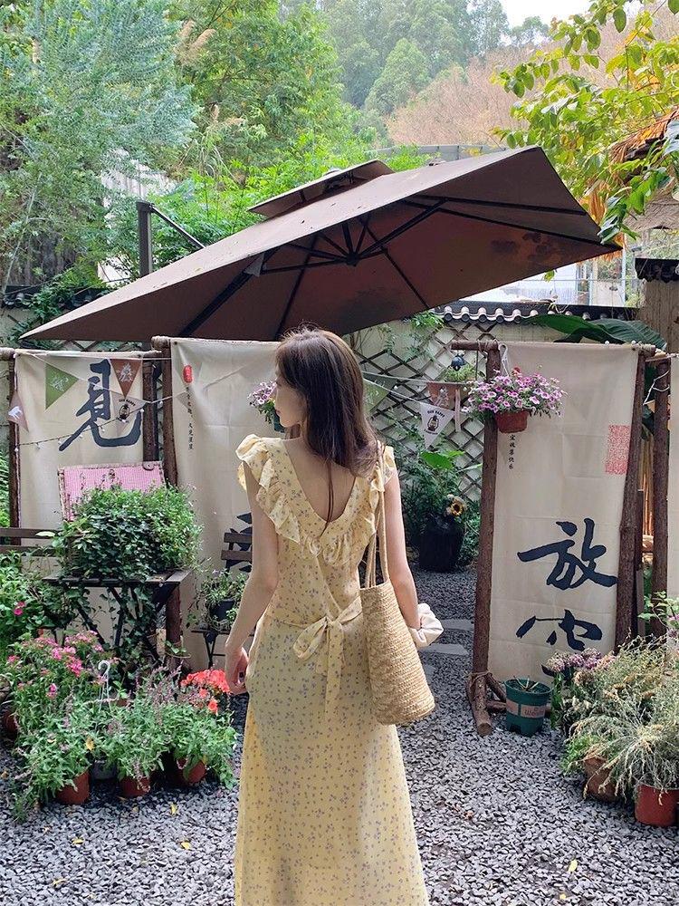 French Girl Floral Ruffle Midi Dress - Sexy Slim Lace Spaghetti Strap Summer Vacation Dress