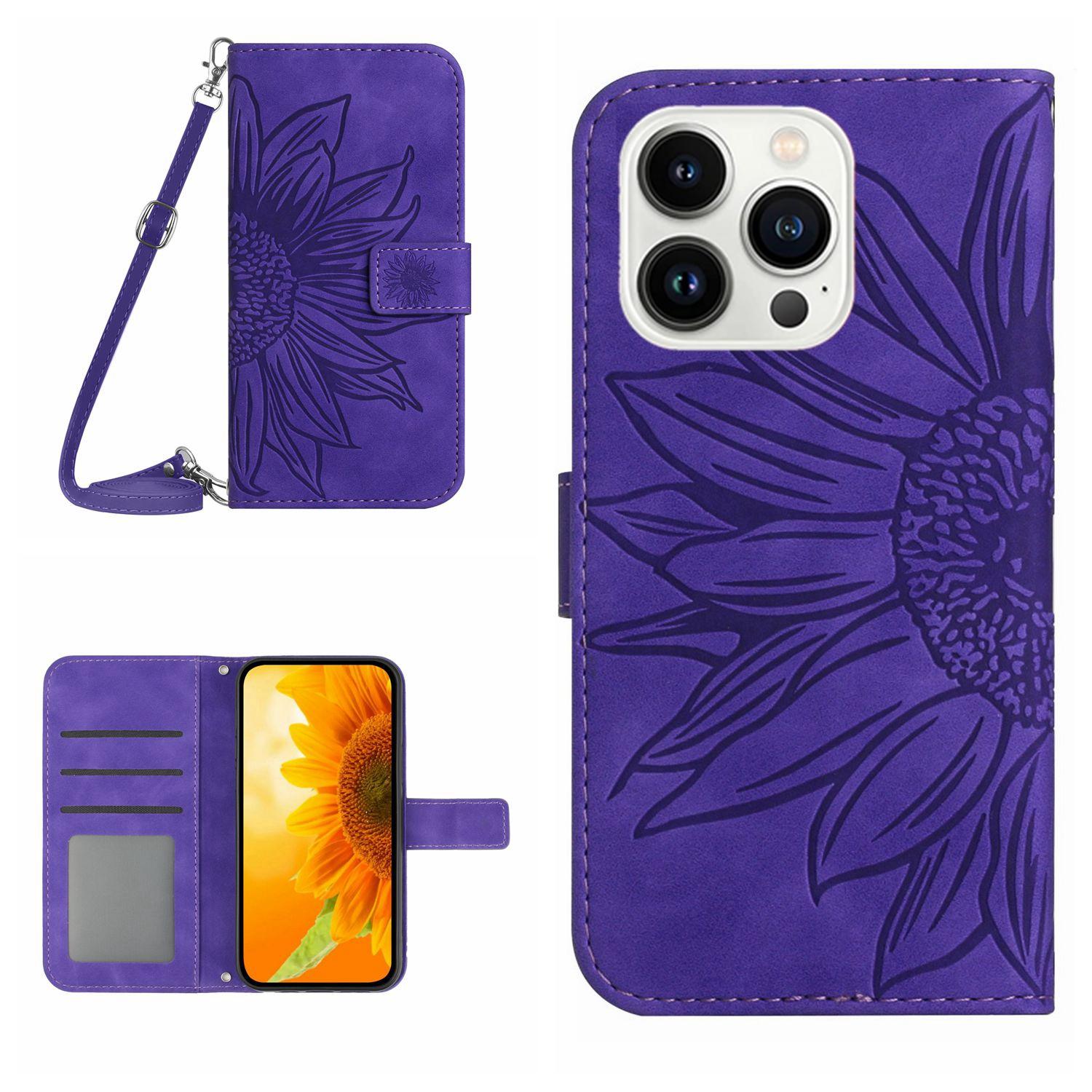 

HT04 For iPhone 16 Pro Max Leather Case Sunflower Phone Wallet Cover with Shoulder Strap Dark Purple