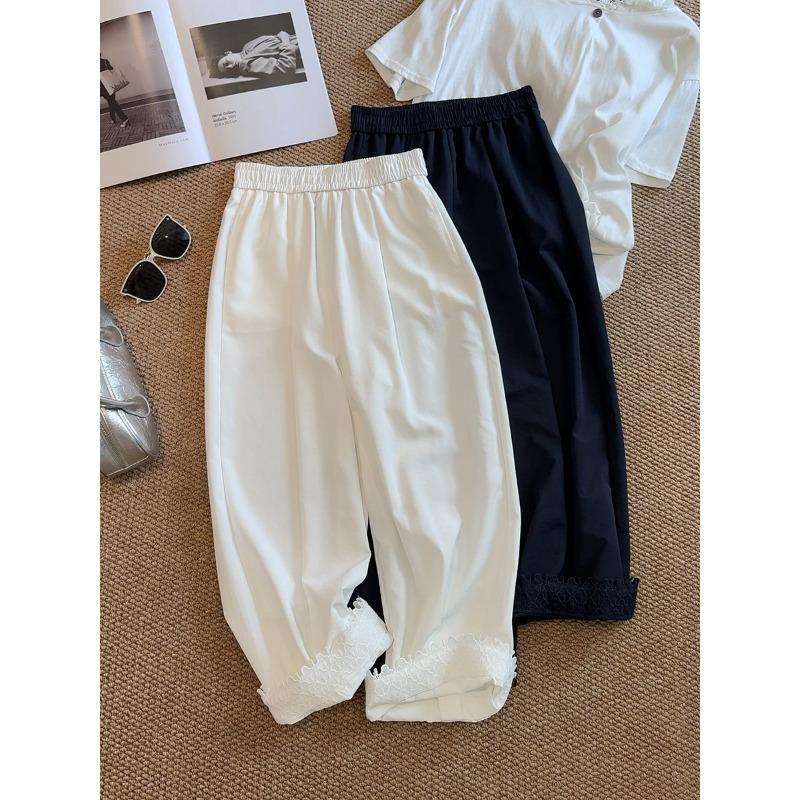 Lace pants wide-leg pants women's summer new elastic waist drawstring loose and thin versatile casual thin nine-point pants