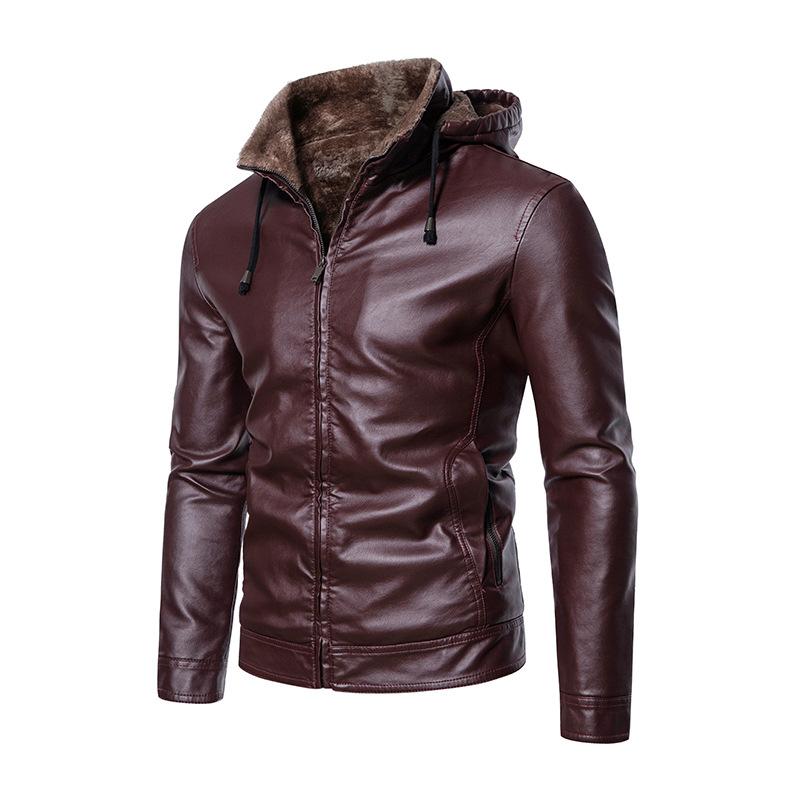 Men's Leather Jacket Autumn and Winter Korean Style Leather Jacket Men's Fur One-piece Pu Jacket Plus Velvet Thickened Dad Jacket Hooded
