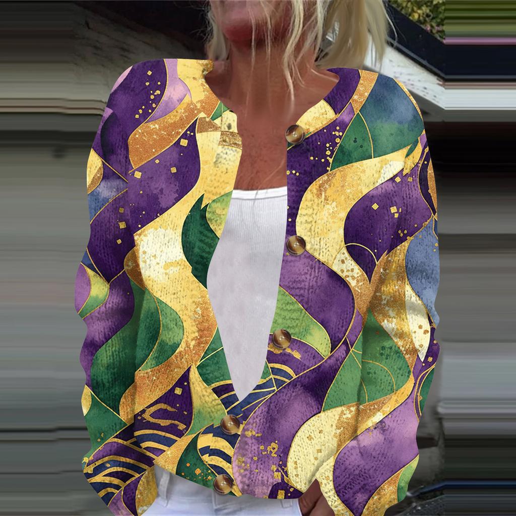 Women's Fashion Printed Long Sleeve Knitted Cardigan Button Down Jacket