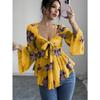 Fashion Square Collar Sweet Flower Printed Women Blouse Blending Tie Long Sleeved Shirt Ladies Loose Irregular Tops Elegant Slim Fit Casual Clothing